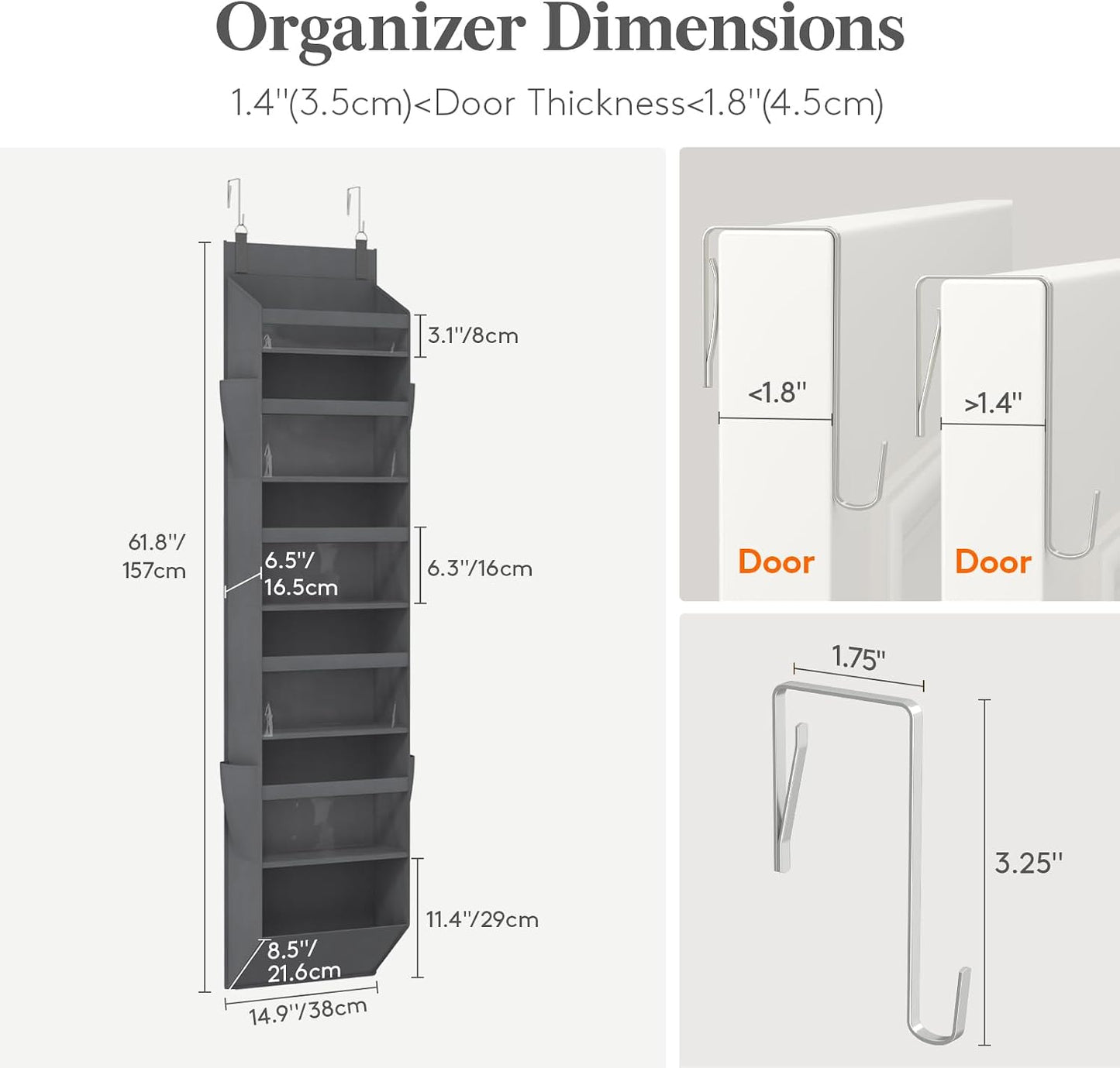 Lifewit 1 Pack Over the Door Organizer, 5 Section Clear Window Hanging Storage with 4 Side Pockets, Sturdy Anti Tilt 40 lbs Load Behind Door for Closet, Bedroom, Bathroom, Nursery, Dorm, Dark Gray