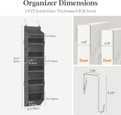 Lifewit 1 Pack Over the Door Organizer, 5 Section Clear Window Hanging Storage with 4 Side Pockets, Sturdy Anti Tilt 40 lbs Load Behind Door for Closet, Bedroom, Bathroom, Nursery, Dorm, Dark Gray