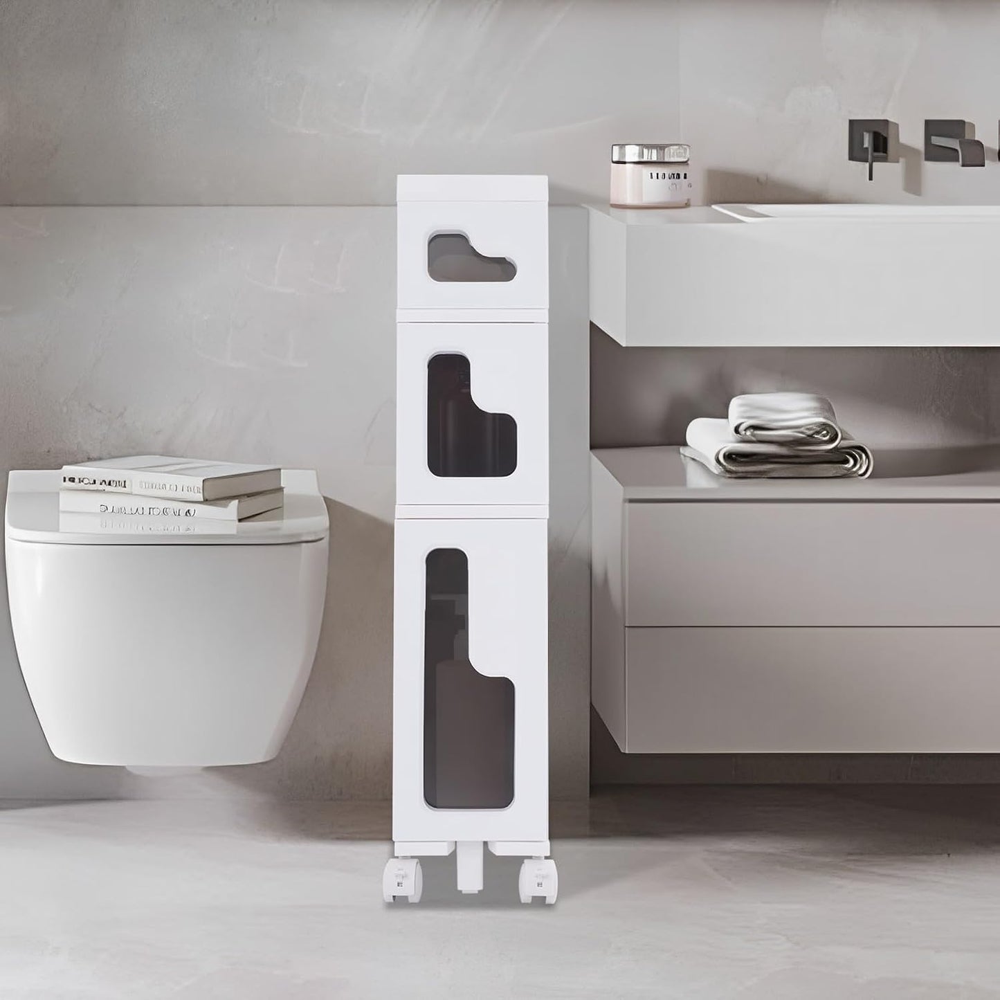 1 Tier Slim Bathroom Storage Cabinet, 15.7" L X 6.3" W X 16.9" H Slim Rolling Cart, 66.14 Lbs Load-Bearing Capacity Narrow Storage Cabinet for Living Room, Kitchen, Bathroom, Office