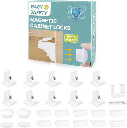 10 Pack Magnetic Cabinet Locks for Baby Proofing - Child Safety Drawer Locks with 2 Keys, No-Drill 3M Adhesive Installation, Fits 2" Thick Cabinets, Kitchen Bathroom Safety Locks