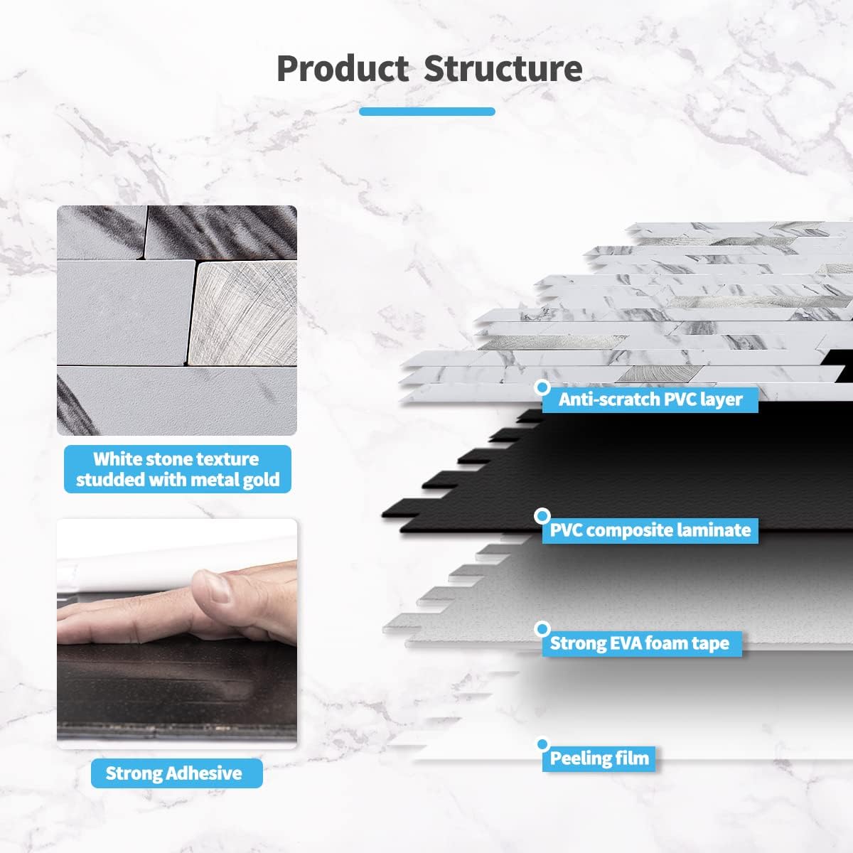 Art3d 10-Sheet Peel and Stick Backsplash Tile for Kitchen Bathroom Fireplace Laundry Room in White Slate with Gold Studded