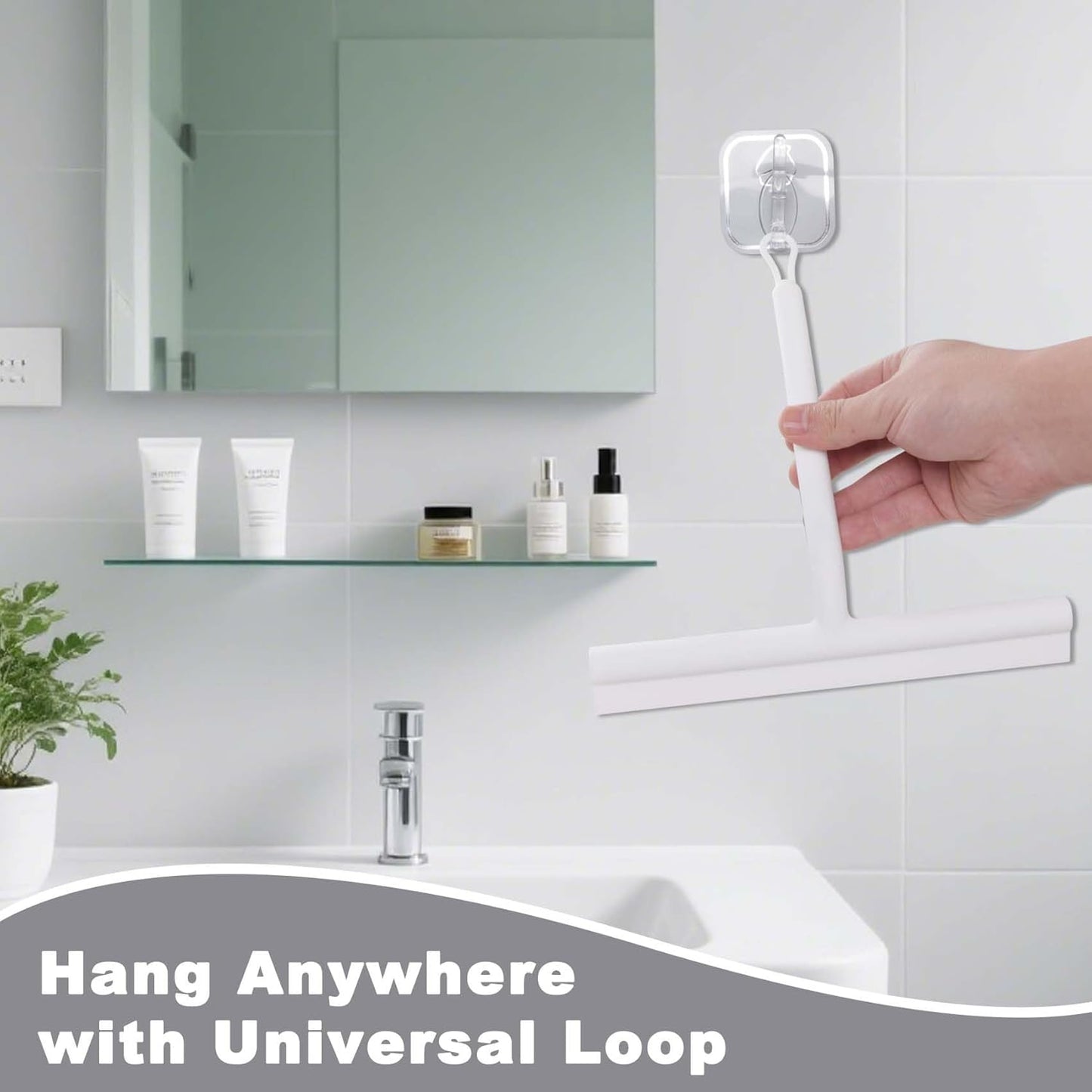 Squeegee for Shower Glass Doors, Resilient Loop - No-Drill & Adhesive Hook, Silicone Shower Squeegee with Stainless Steel Core, Cleaning Tool for Home, Kitchen, Bathroom & Car - Black
