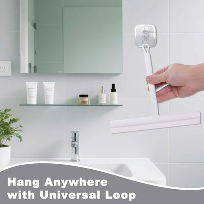 Squeegee for Shower Glass Doors, Resilient Loop - No-Drill & Adhesive Hook, Silicone Shower Squeegee with Stainless Steel Core, Cleaning Tool for Home, Kitchen, Bathroom & Car - Black