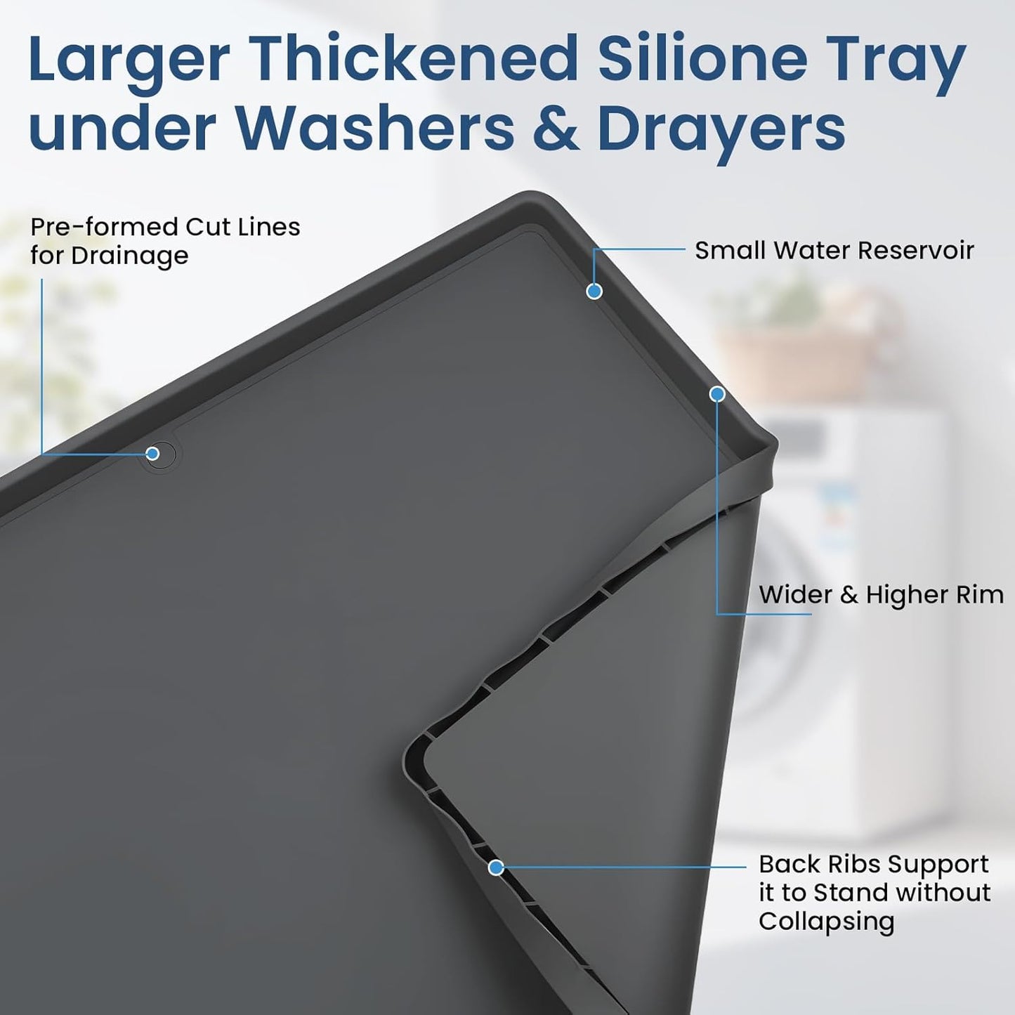 33 X 30 inch Large Thickened Silicone Washing Machine Drain Pan with 1-1/5" Raised Edge, Leak Protection Anti-Vibration Non-Slip Washing Machine Tray for Washer Dryer Other Appliances