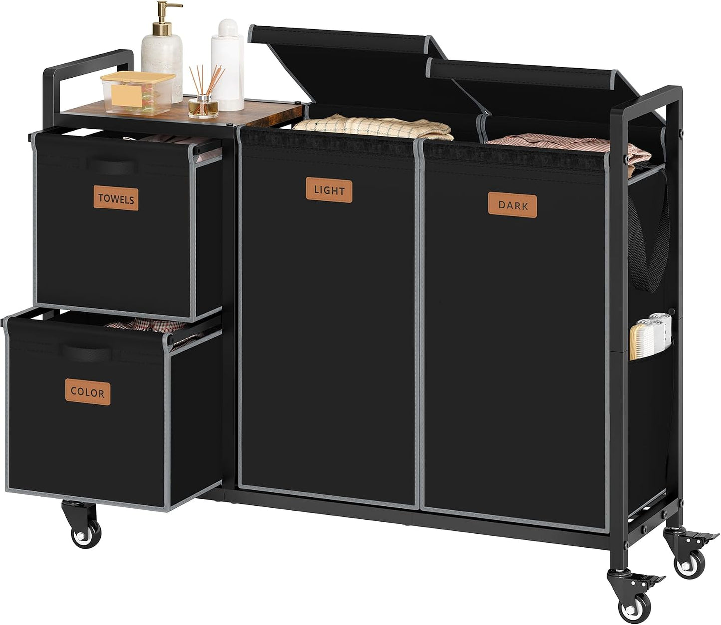 Hoctieon 4 Section Laundry Cart, 48 Gal. (182L) Laundry Hamper with Lid, Laundry Basket with Wheels, Rolling Laundry Sorter Organizer with Shelf, Clothes Separator with Removable Bags, Black