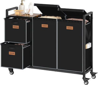 Hoctieon 4 Section Laundry Cart, 48 Gal. (182L) Laundry Hamper with Lid, Laundry Basket with Wheels, Rolling Laundry Sorter Organizer with Shelf, Clothes Separator with Removable Bags, Black