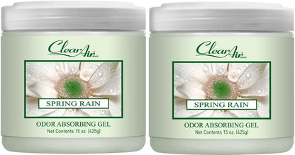 Clear Air 15oz Gel Odor Eliminator - Absorb & Remove Strong Odors from Pets, in Bathrooms, Basements, Garage, Cars, RVs & Boats - Eliminate Tough Odors with Essential Oils (Spring Rain, 2-Pack)