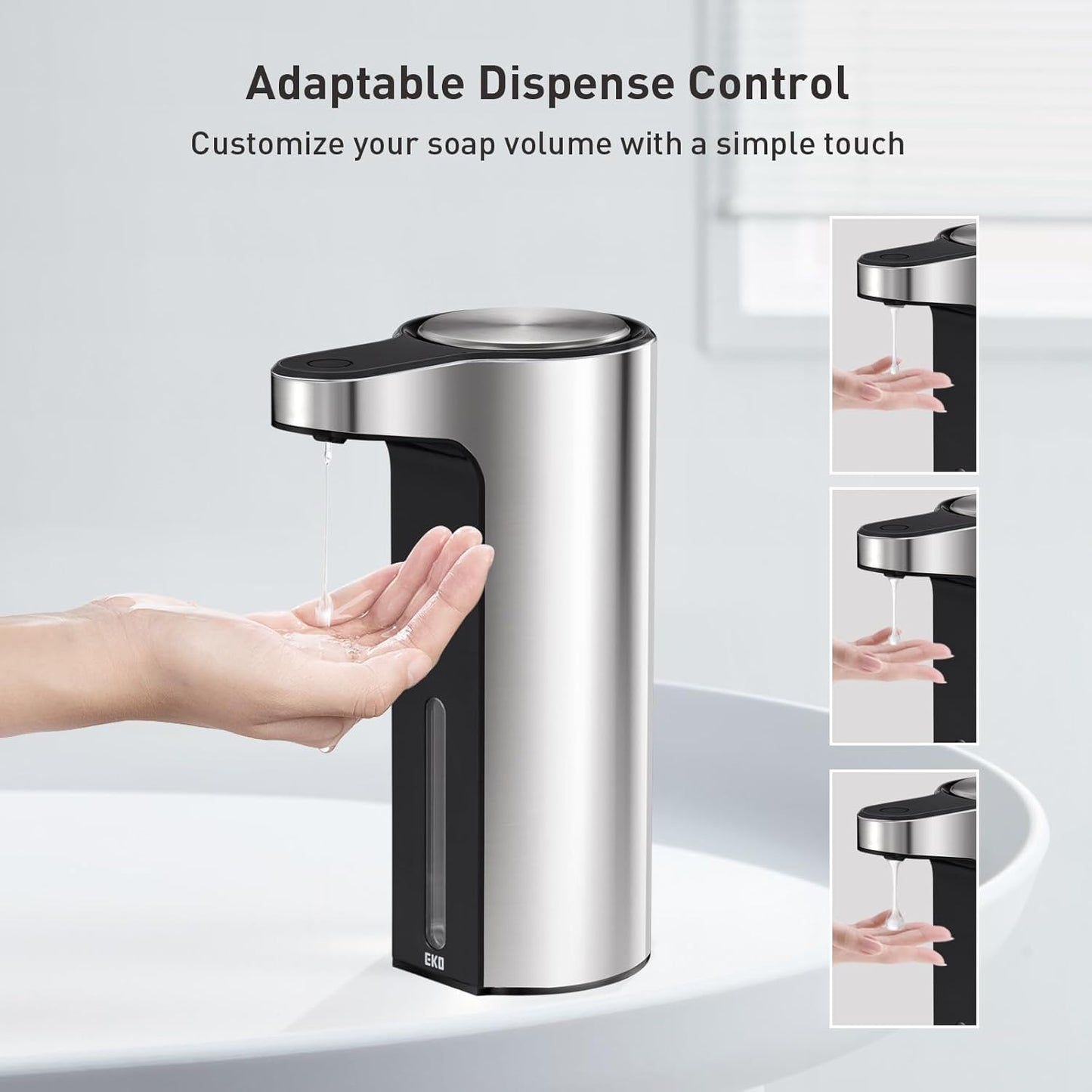 EKO Aroma 9 fl oz Automatic Liquid Soap Dispenser, Rechargeable & Water-Resistant Soap Dispenser for Kitchen and Bathroom with Adjustable Volume Control (Matte Black Steel)