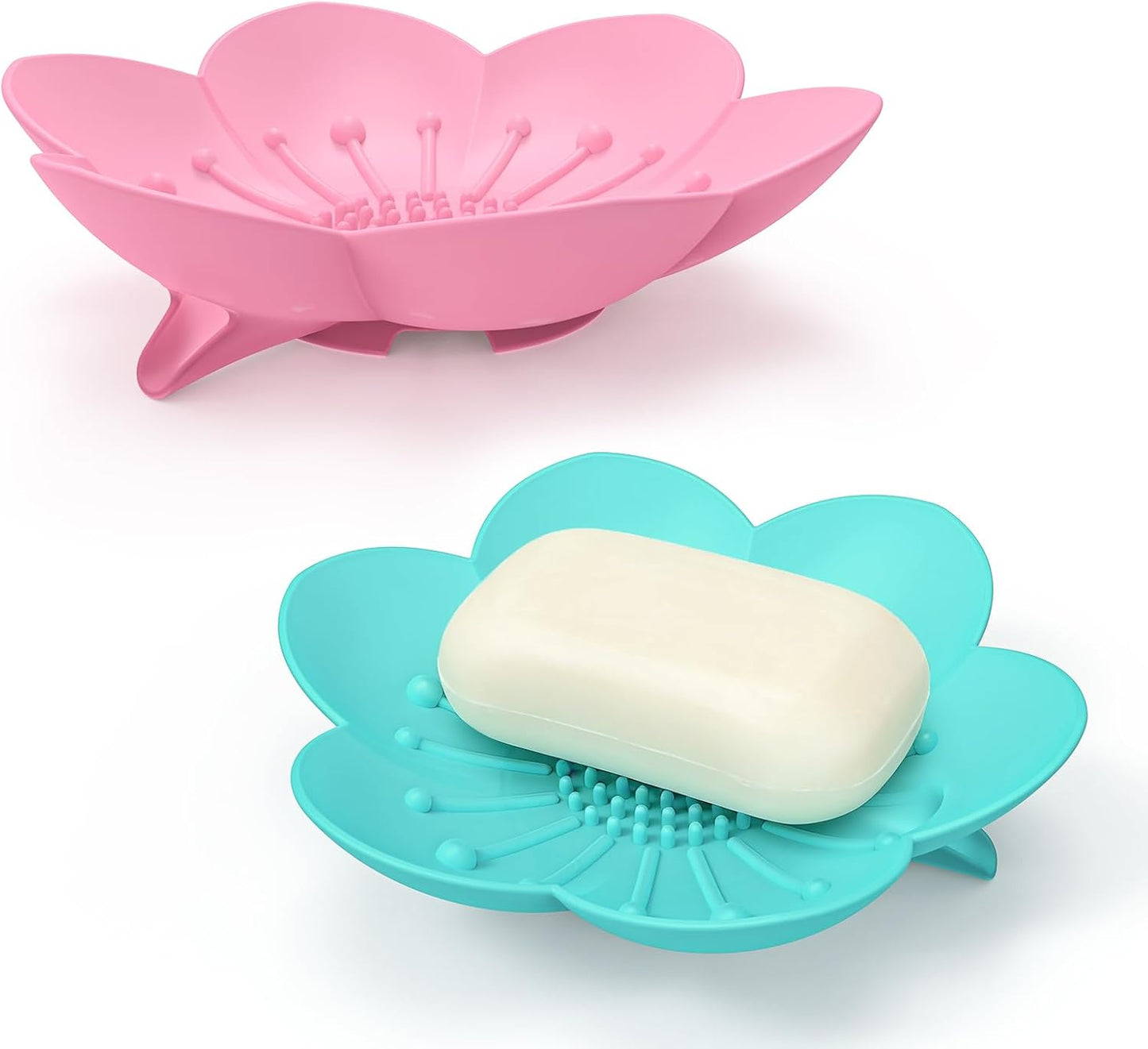 Soap Dishes 2 Pack Self Draining XL Flexible Bar Holder for Shower Steamer, Silicone Flower Soap Saver Tray for Counter Bathtub Sink Bathroom Decor with Drainage -Mirror Surface Easy Clean, Grey/Blue