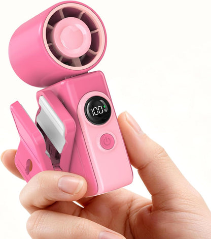Portable Clip-On Mini Fan, Hands-Free, Turbo Personal Handheld Fans Rechargeable w/ 4 Wind & LED Display, Pocket Size Summer Cooling Essentials for Travel/Eye Lash/Beach/Concert, Gifts for Women(Pink)