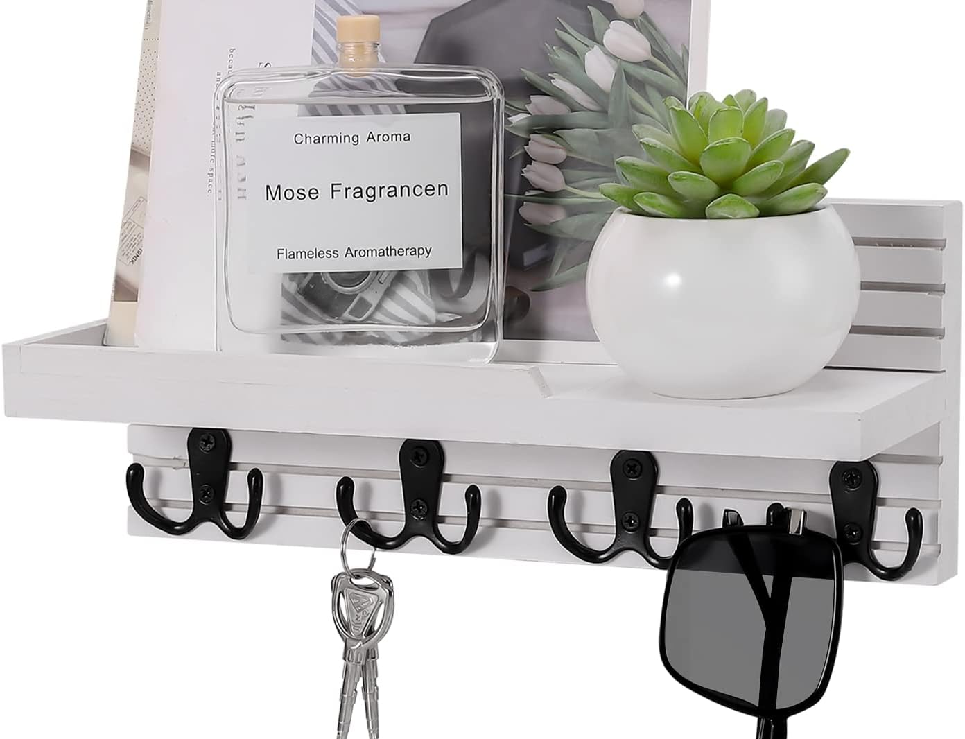 Decorative Key Hanging Rack with 4 Double Hooks – Easy Install Natural Wooden Key and Mail Holder for Wall Mount – Entryway Decor Rack with Shelf (Carbon Black)