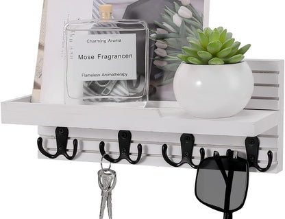 Decorative Key Hanging Rack with 4 Double Hooks – Easy Install Natural Wooden Key and Mail Holder for Wall Mount – Entryway Decor Rack with Shelf (Carbon Black)