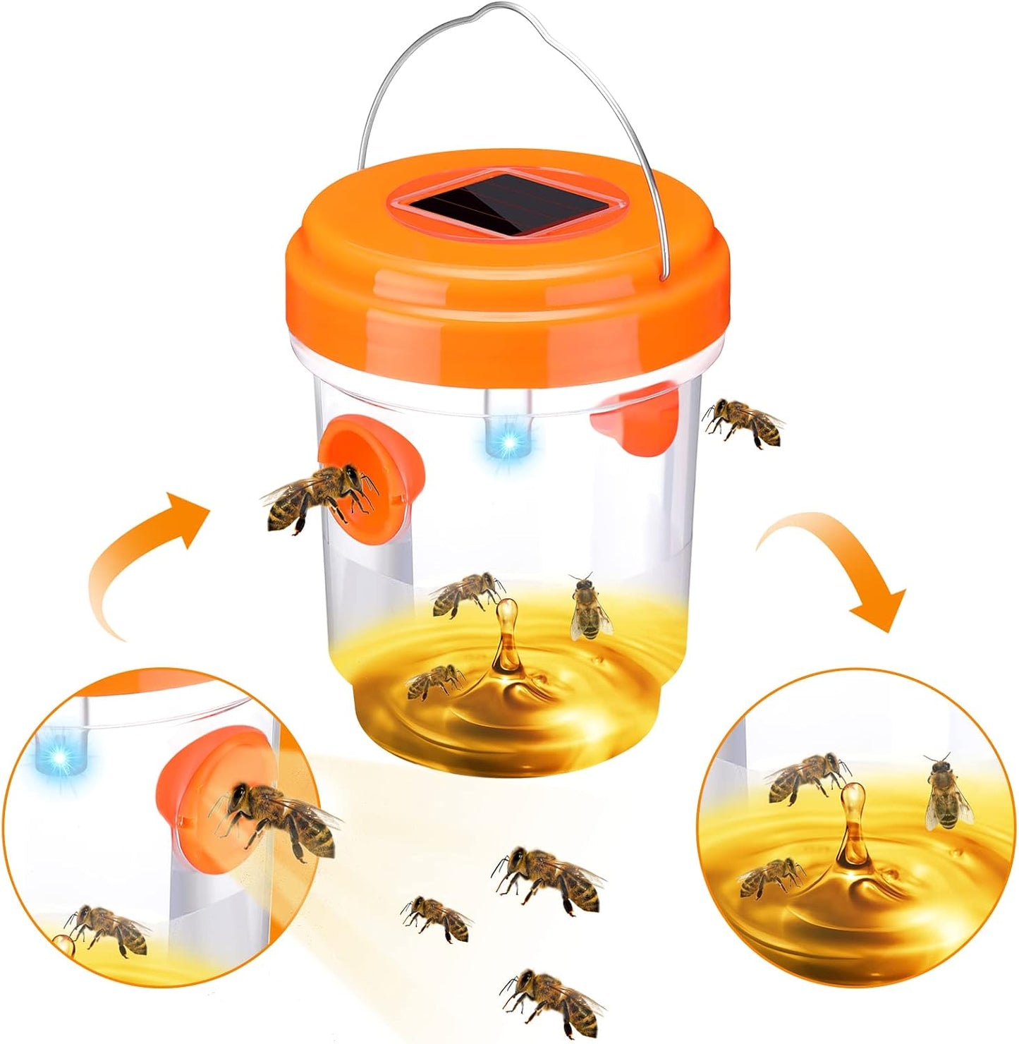 Wasp Trap Solar Powered Bee Trap Reusable Fly Traps Outdoor Hanging Wasp Killer with UV LED Light Flying Insects Bee Killer for Indoor Outside Patio Garden Home (6, Yellow)