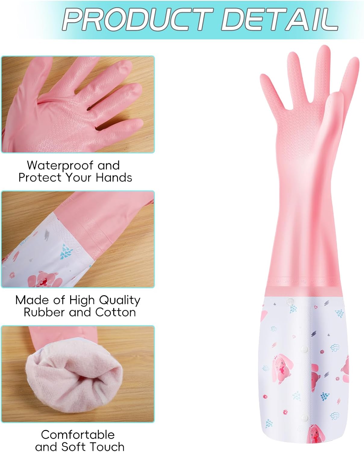 XJMWXHFC 3Pcs Reusable Dishwashing Gloves, Waterproof Long Cuff Non-Slip Household Gloves With Cotton Lined For Laundry, Cleaning, Working, Gardening