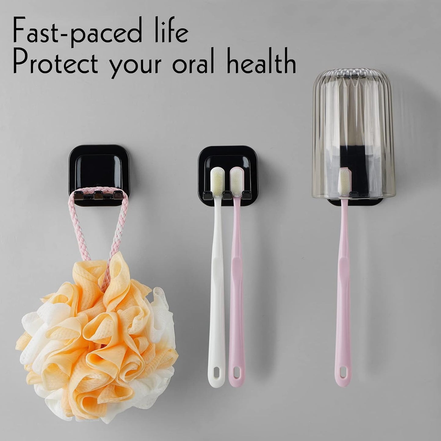 2 PCS Self-Adhesive Toothbrush Holders Wall Mounted, Water Proof Toothbrush Hook, 3 in 1 with Toothbrush Hanger Toothpaste Holder and Gargle Cup Holder for Bathroom Shower (White)