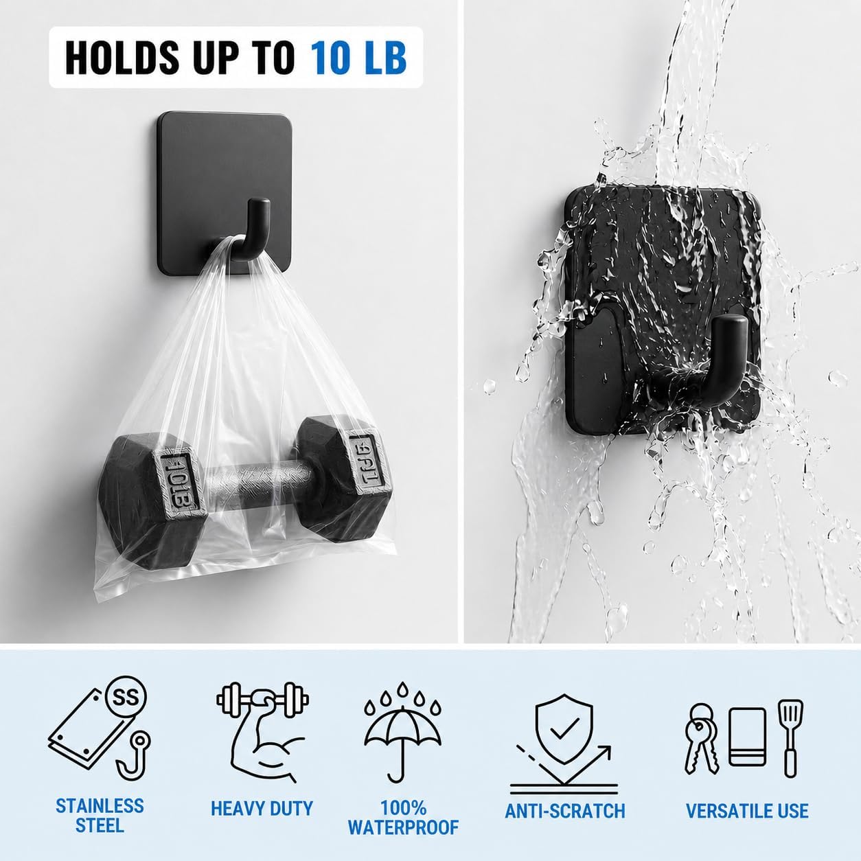 Stainless Steel Adhesive Wall Hooks for Hanging, Heavy Duty Waterproof Stick On for Bathroom Kitchen Shower, Self Adhesive for Towels, Keys, Hats, Robes - 8 Pack (White and Black)