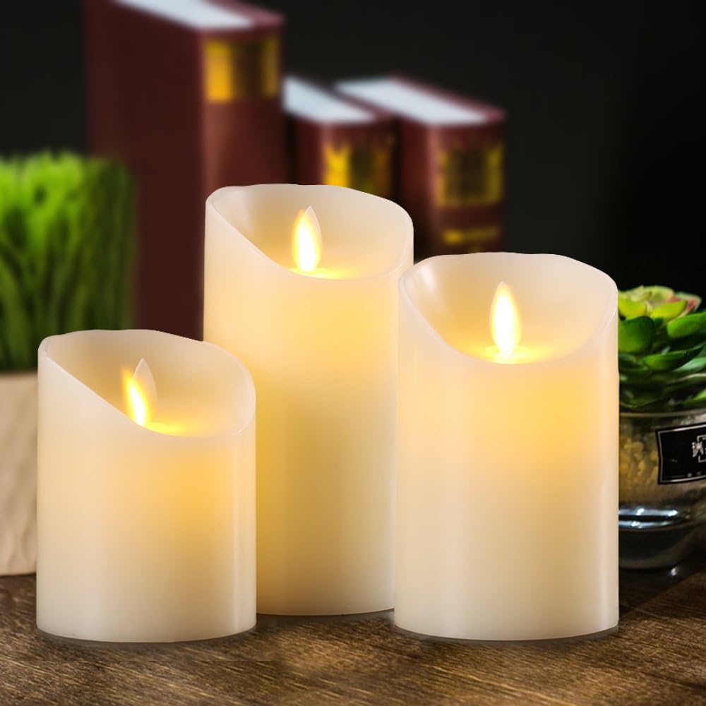 AKU TONPA Flameless Candles Battery Operated Pillar Real Wax Flickering Electric LED Candle Gift Sets with Remote Control Cycling 24 Hours Timer, Pack of 6 (3" D x 4" H, Ivory)