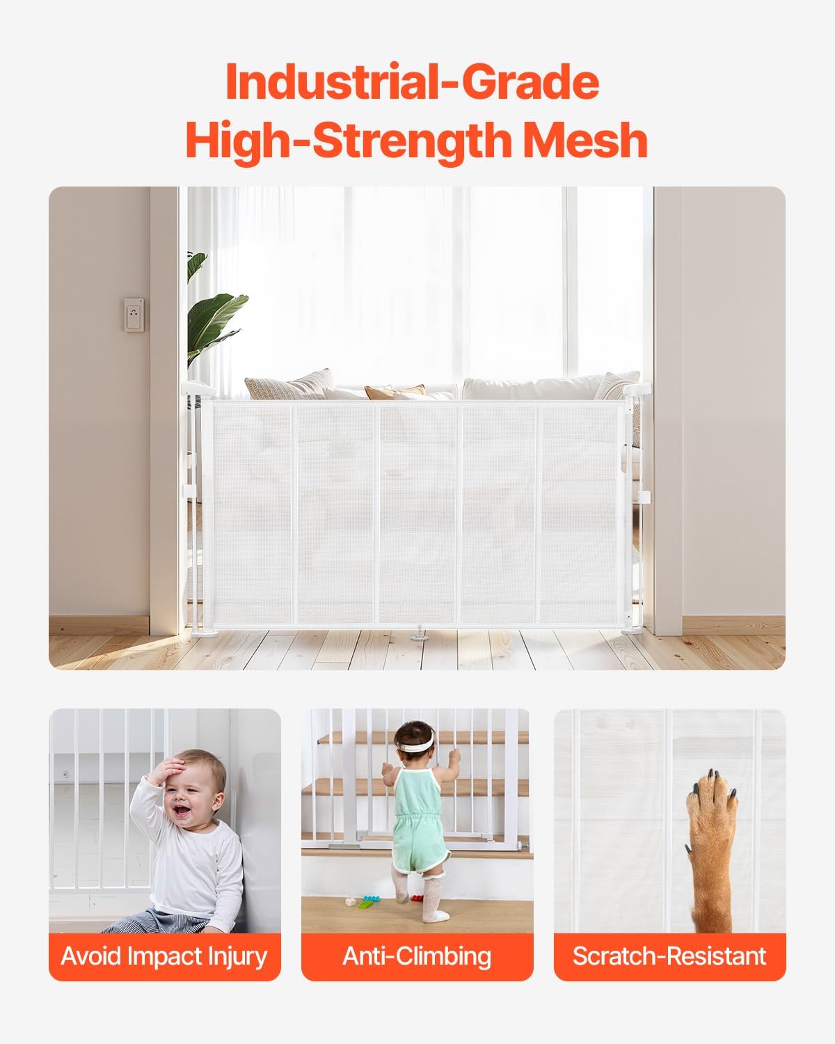 VEVOR Retractable Baby Gate, 34 inch Tall, Extends up to 71 inch Wide, Retractable Gate for Kids or Pets, Mesh Material, Easy to Install for Indoor Stairs, Doorways, Hallways, Playrooms, Gray