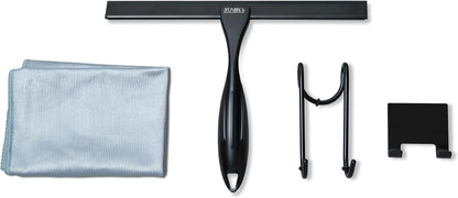YUNIKO Shower Squeegee – Black Stainless Steel Shower squeegee with Silicone Blade for Shower Doors, Windows, Mirrors, Tiles & Car Windows – Includes 2 Adhesive Hooks, Assembly Tool & Microfiber Cloth