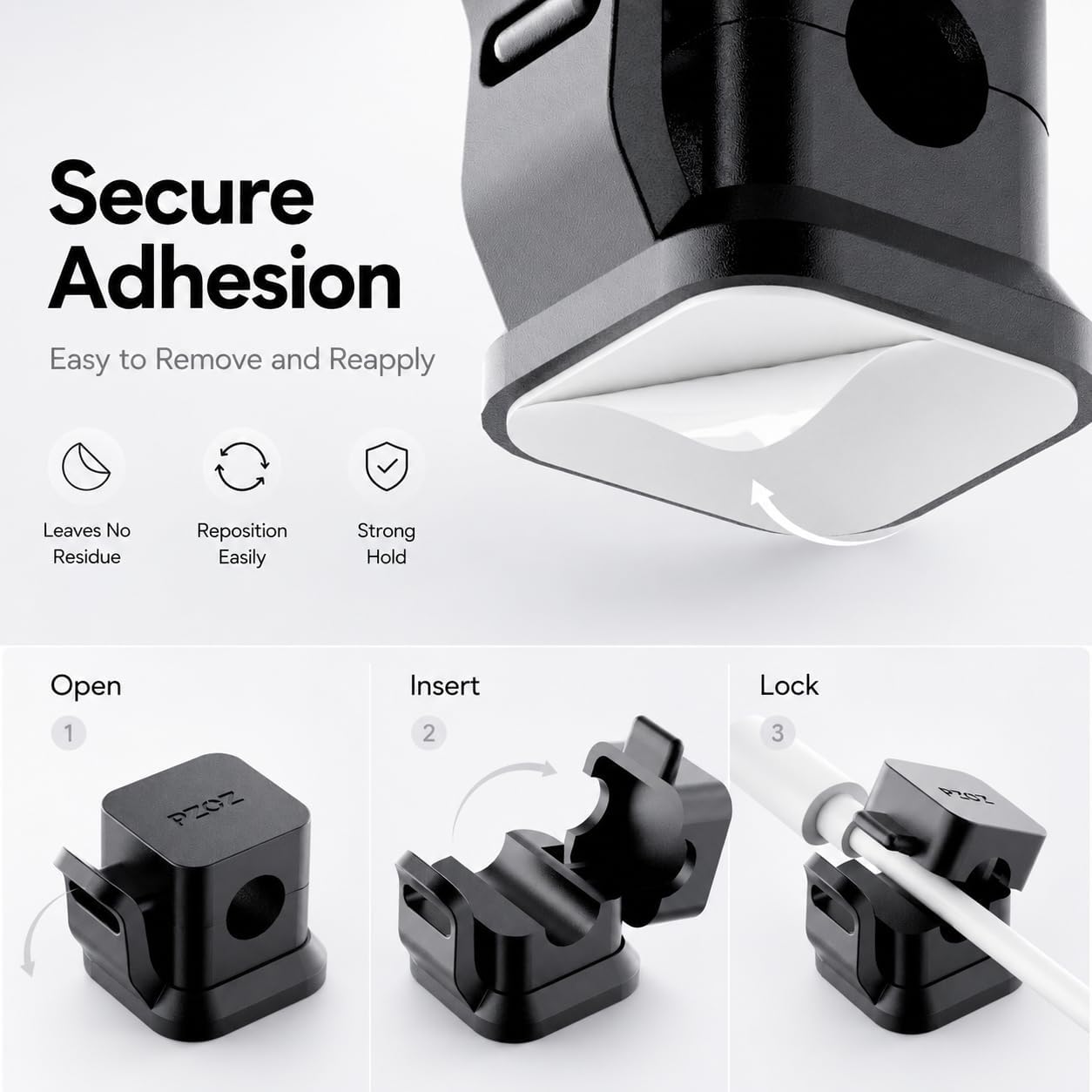 PZOZ 6 Pack Cable Clips, Adhesive Cable Management Clips for Desk & Desk Edge, No-Slip Cord Holders for Charging Cables, No Drill Wire Organizer for Home Office (Black)
