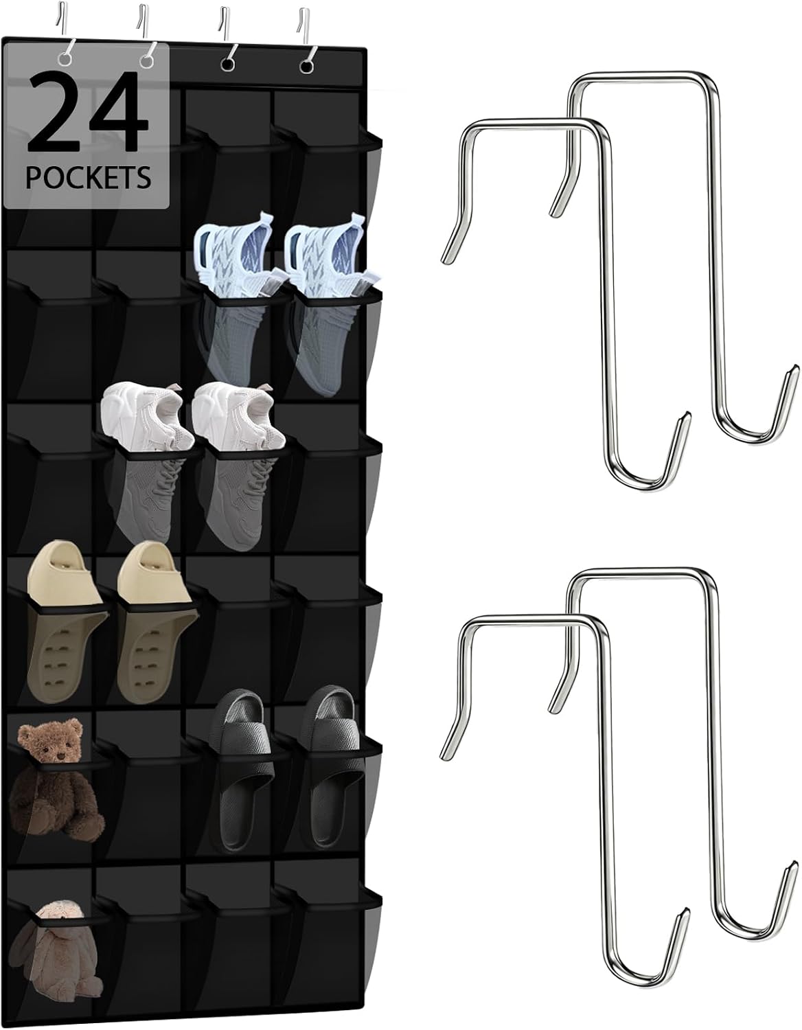 Over the Door Shoe Organizer - 24 Large Breathable Mesh Pockets, Space Saving Hanging Shoe Organizer with Metal Hooks, Hanging Shoe Rack for Men's and Women's Shoes (White)