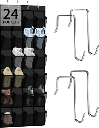 Over the Door Shoe Organizer - 24 Large Breathable Mesh Pockets, Space Saving Hanging Shoe Organizer with Metal Hooks, Hanging Shoe Rack for Men's and Women's Shoes (White)