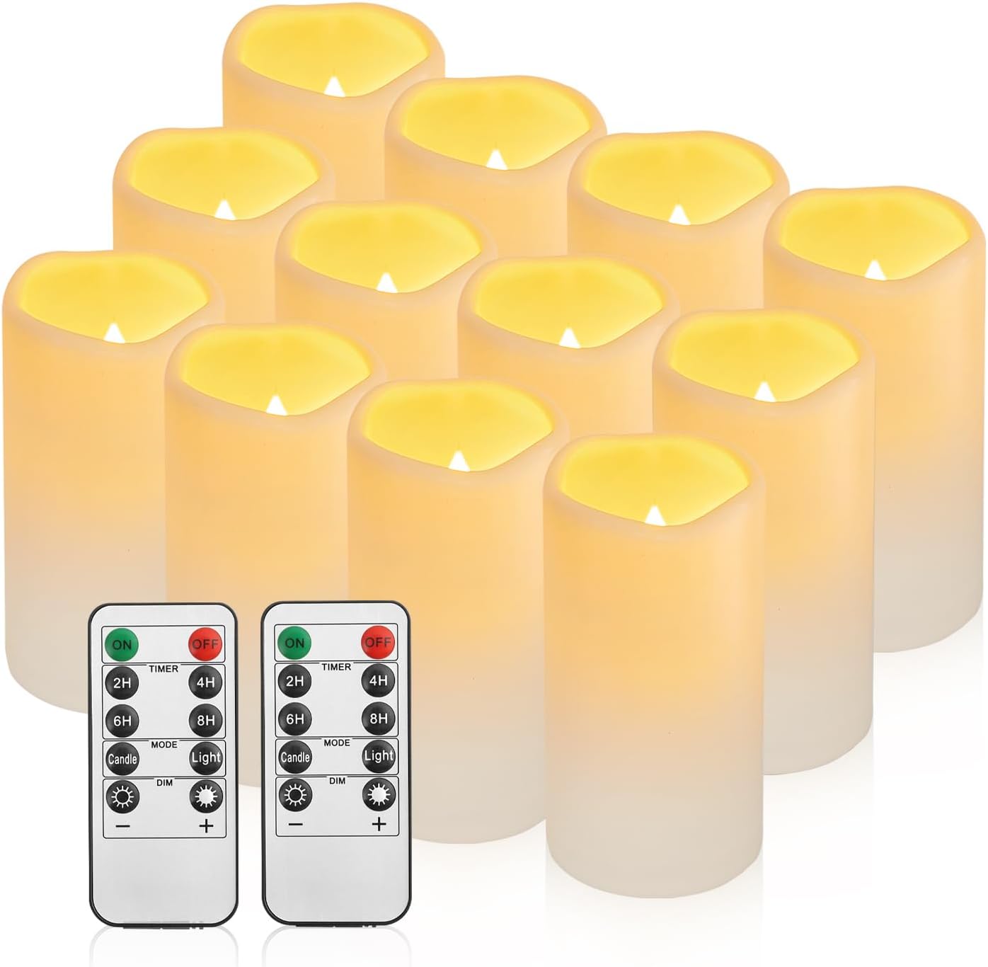 Flameless Flickering Battery Operated Candles D2.2''*H4 5" 6" 7" 8" 9" Set of 9 Ivory Real Wax Pillar LED Candles with 10-Key Remote and Cycling 24 Hours Timer (Ivory)