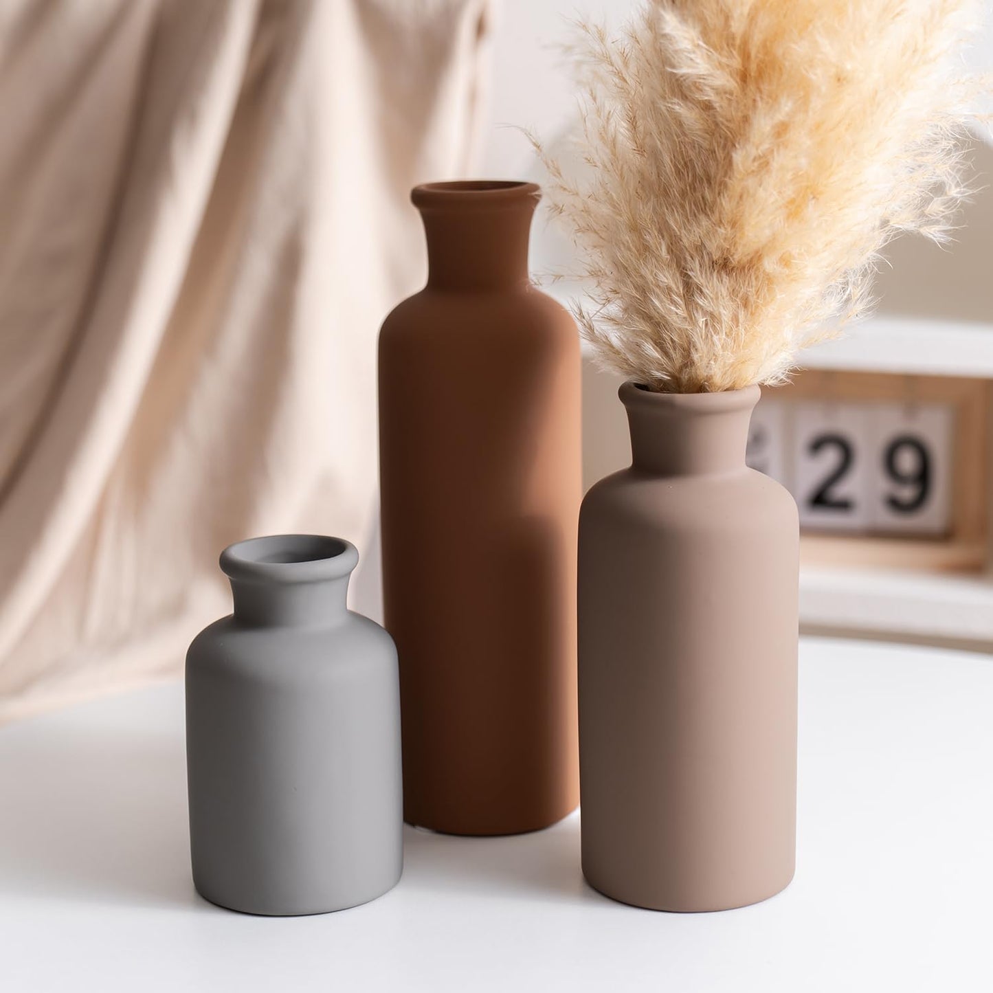 Ceramic Vase Set of 3, Modern Minimalist Neutral Home Decor, Boho Rustic Farmhouse Decorative Vases for Pampas Grass Dried Flowers | Table Centerpiece Entryway Mantel Bookshelf(Black Mix Set - Gray#1)