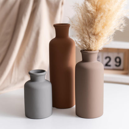 Ceramic Vase Set of 3, Modern Minimalist Neutral Home Decor, Boho Rustic Farmhouse Decorative Vases for Pampas Grass Dried Flowers | Table Centerpiece Entryway Mantel Bookshelf(Black Mix Set - Gray#1)