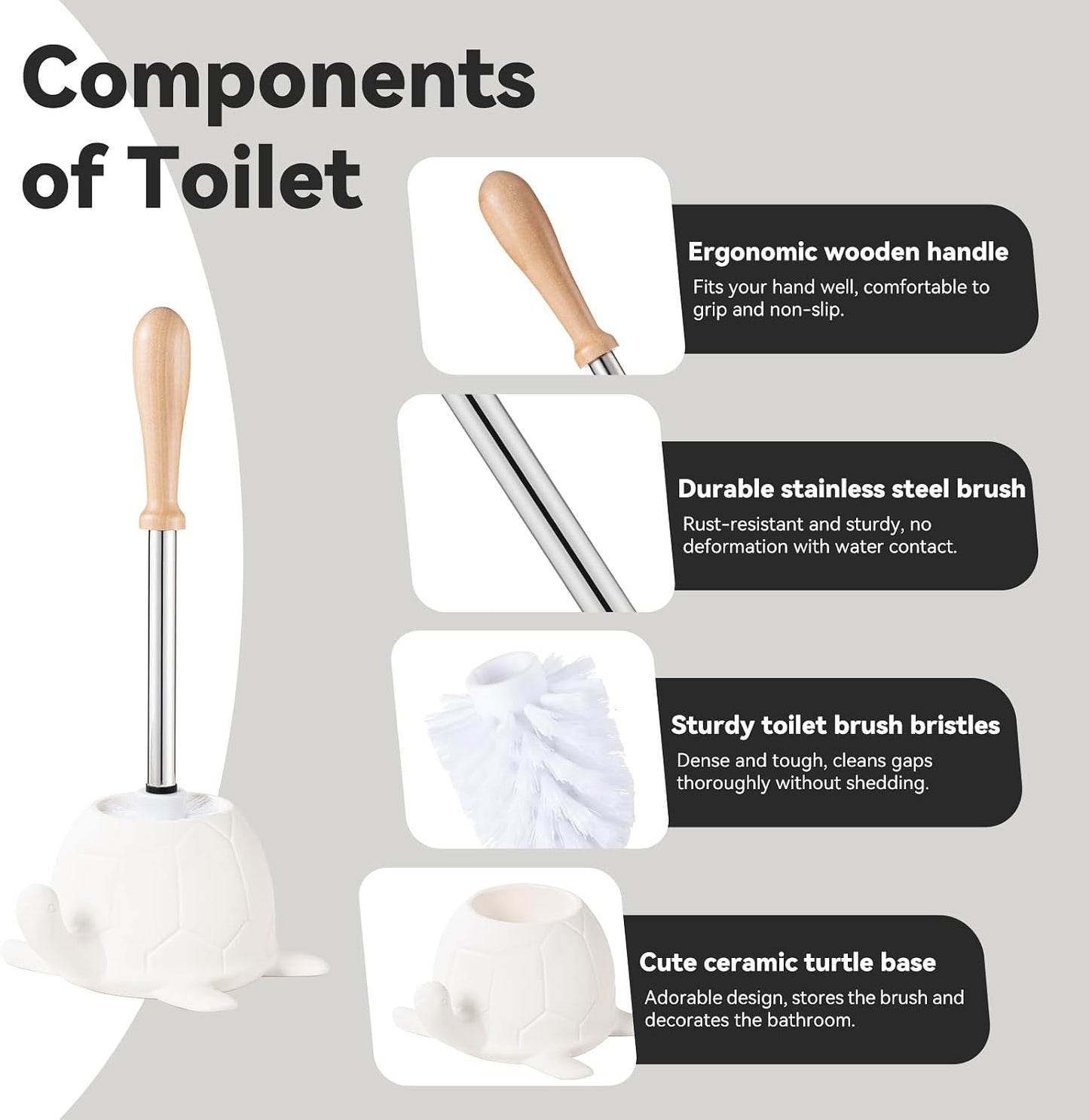 Toilet Brush and Holder Set, Ceramic Turtle Base Toilet Brush Set - 7.5” Bowl Cleaner, Toilet Scrubber Brush with Ergonomic Handle (Silver)