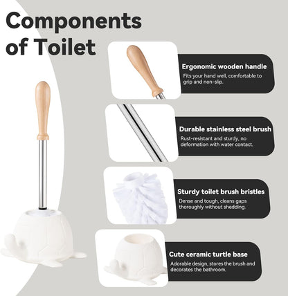 Toilet Brush and Holder Set, Ceramic Turtle Base Toilet Brush Set - 7.5” Bowl Cleaner, Toilet Scrubber Brush with Ergonomic Handle (Silver)