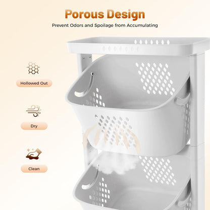 Rolling Laundry Basket Hamper, Laundry Sorter Cart 3 Section on Wheels, Stackable Tiered Organizer Baskets Shelf Rack Storage w/Compartment for Bedrooms, Classrooms, Laundry Rooms