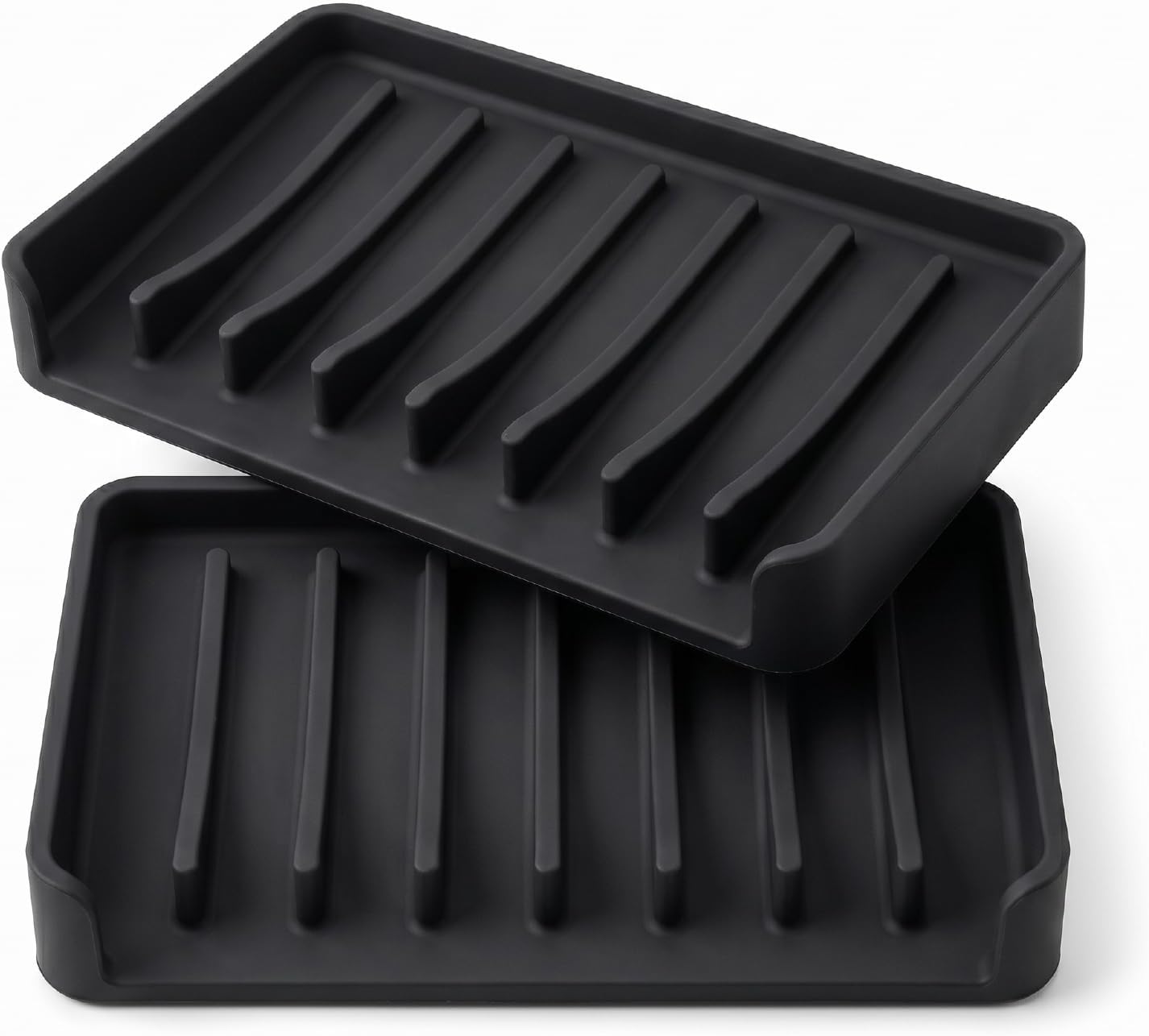 Bathway Silicone Soap Dishes for Shower, Self-Draining Bar Soap Holder Non-Slip Sink Organizer Tray for Sink, Bathroom & Kitchen, Keeps Bar Soap Dry& Dishwasher Safe, Black & Black (2 Pack)