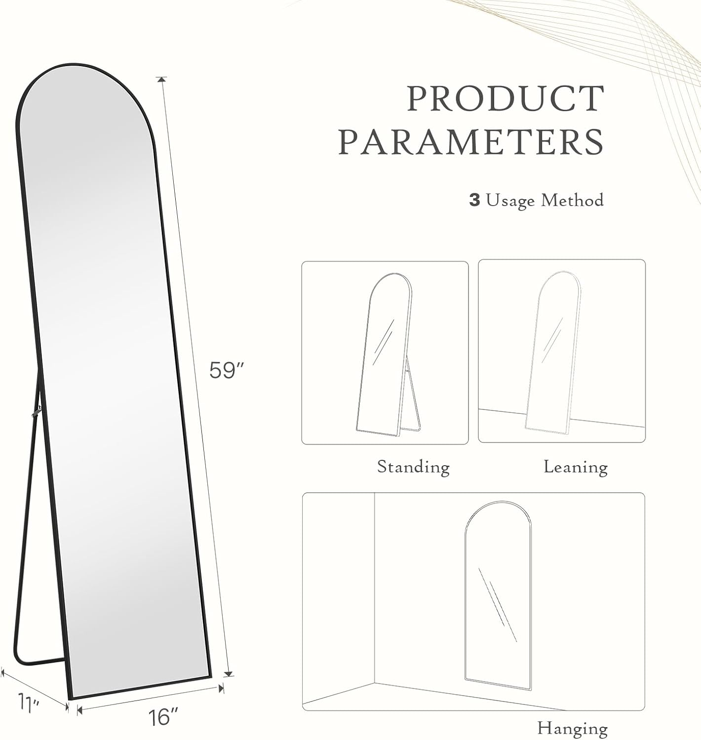 59"x16" Arched Full Length Mirror, Full Body Mirror with Leaning or Standing, Floor Standing Aluminum Frame for Bedroom, Livingroom, Cloakroom, Black