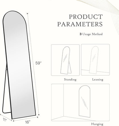 59"x16" Arched Full Length Mirror, Full Body Mirror with Leaning or Standing, Floor Standing Aluminum Frame for Bedroom, Livingroom, Cloakroom, Black