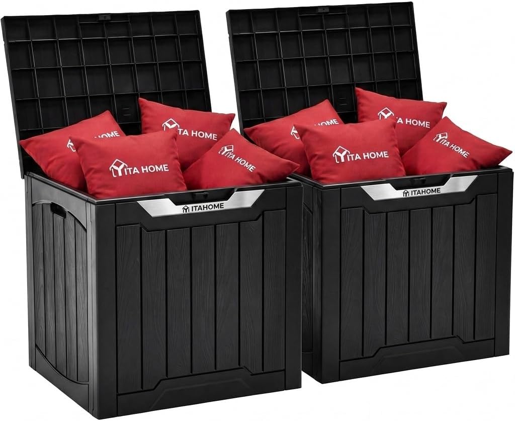 YITAHOME 134 Gallon Large Deck Box | Waterproof Resin Outdoor Storage Box with Lock, Doubles as 2-Person Bench Seating for Patio Furniture Cushions,Garden Tools &
