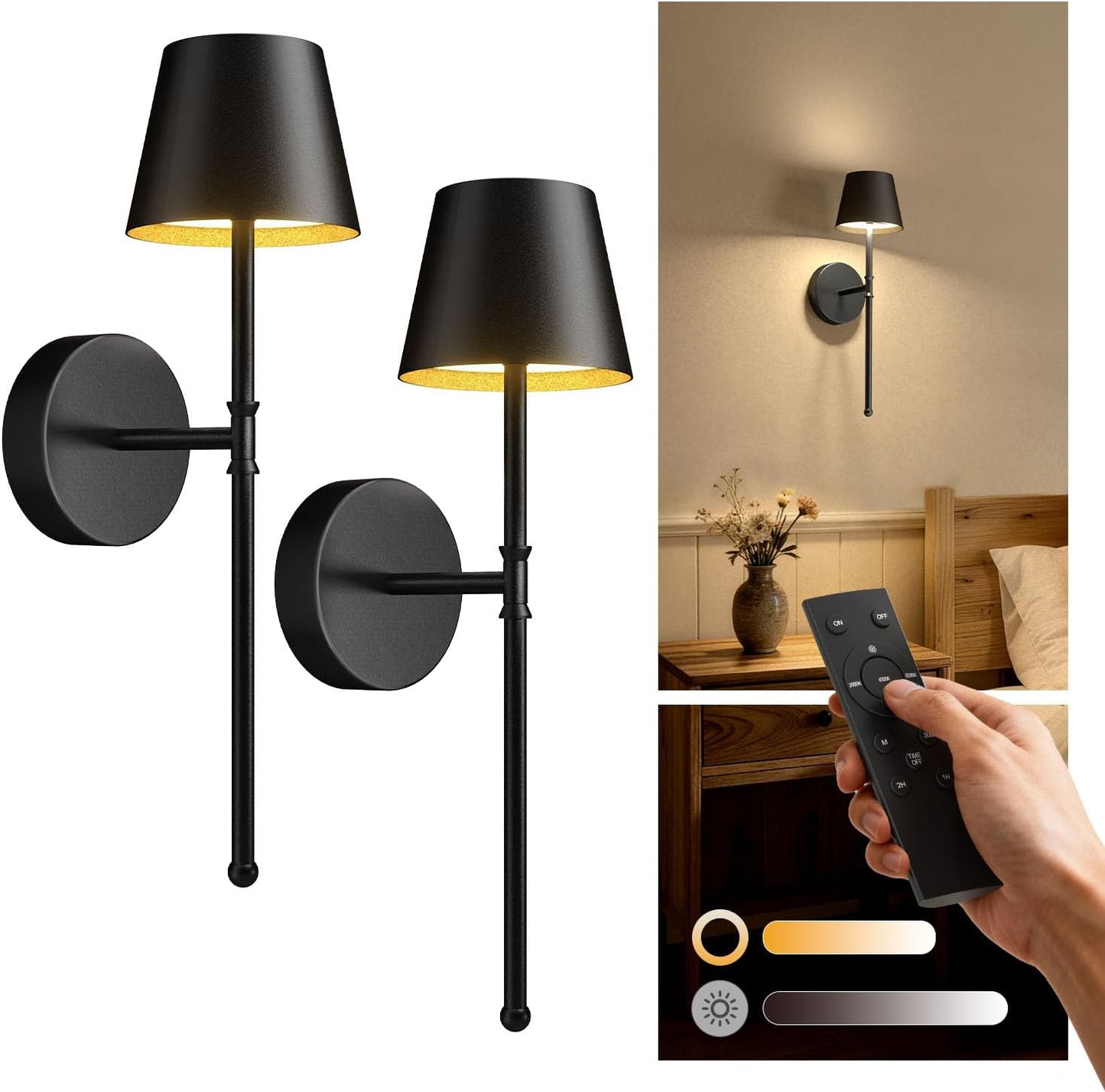 UME Wireless Sconces Set of 2 with Remote, 5200mAh Battery Powered Sconces - Small Rechargeable Sconces w/ 3 Color Temps & 5 Brightness Levels for Bedroom, Living Room, Wall Painting, Cafe (Black)
