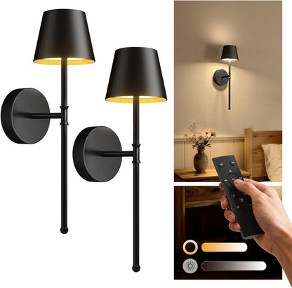 UME Wireless Sconces Set of 2 with Remote, 5200mAh Battery Powered Sconces - Small Rechargeable Sconces w/ 3 Color Temps & 5 Brightness Levels for Bedroom, Living Room, Wall Painting, Cafe (Black)