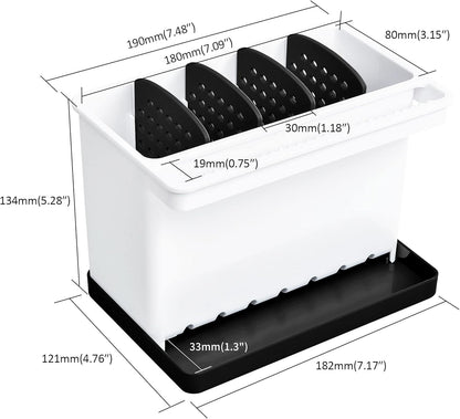 JOMOLA Kitchen Sink Organizer Dish Brush Sponge Holder Caddy Toothbrush Holders for Bathrooms Sinkware Kitchen Utensil Holder Sink Caddy Organizer with 4 Separate Dividers Removable Drain Tray (Grey)