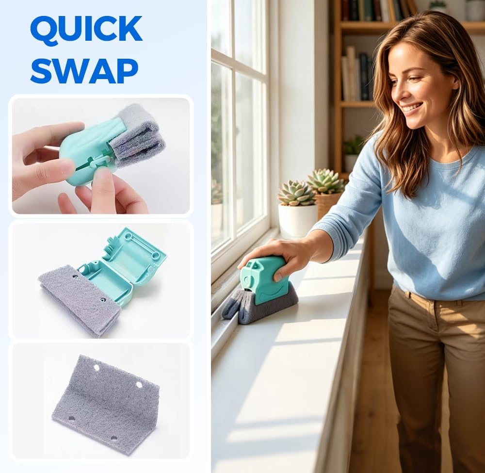 Window Track Cleaning Brush, 2-in-1 Groove Cleaning Tool with 3 Replaceable Pads, Multifunctional Gap Brush for Window Sills Sliding Door Tracks Corners, Household Dust Removal Cleaning Kit