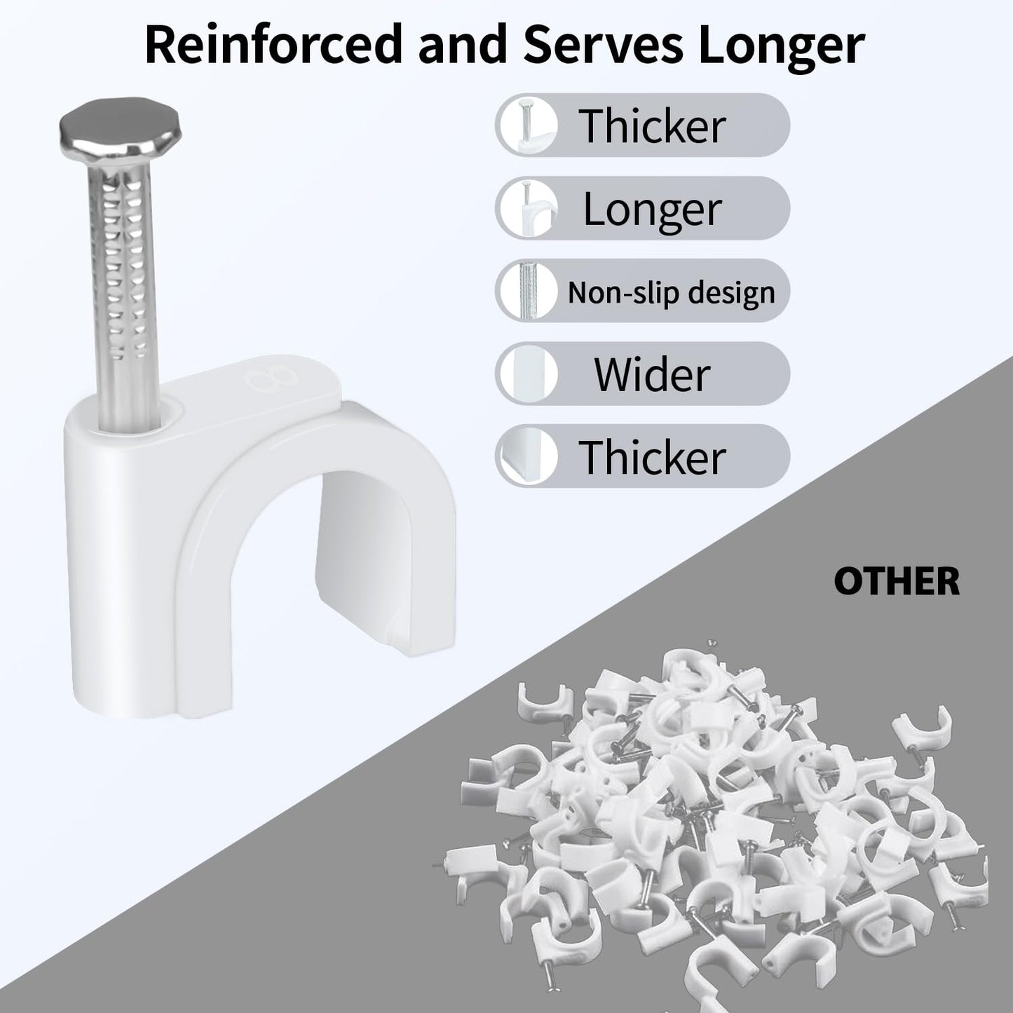 LeMotech Cable Clips, 1000pcs 8mm Wire Wall Clips with Steel Nails, Coaxial Nail Clamps for Cable Cord Management RG6 RG59 CAT5e CAT6 RJ45 Ethernet Cable Clamps, White