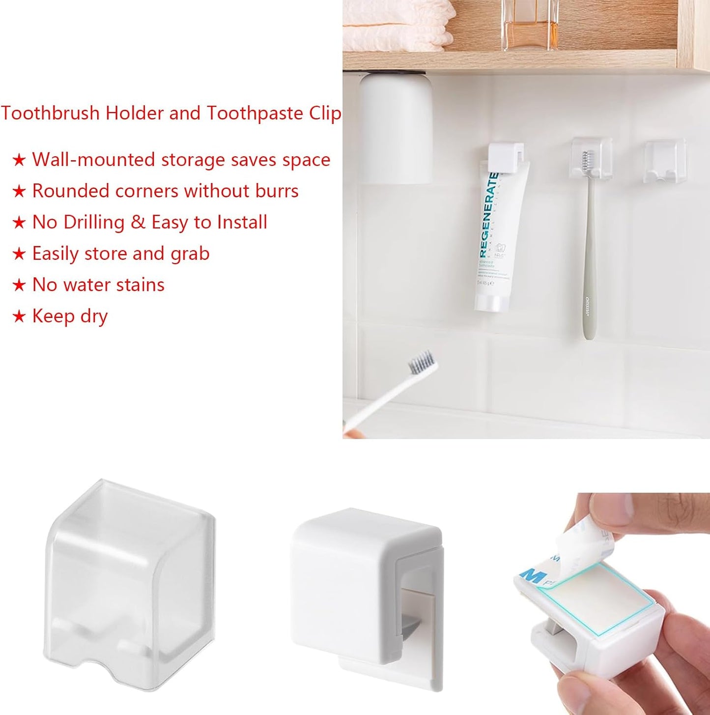 2PCS White Toothbrush Holder Wall Mounted with Cover, Toothbrush Storage Organizer for Dorm, Self Adhesive Toothbrush Hanger, for Bathroom, Shower, Cabinet, with 2PCS White Toothpaste Clip