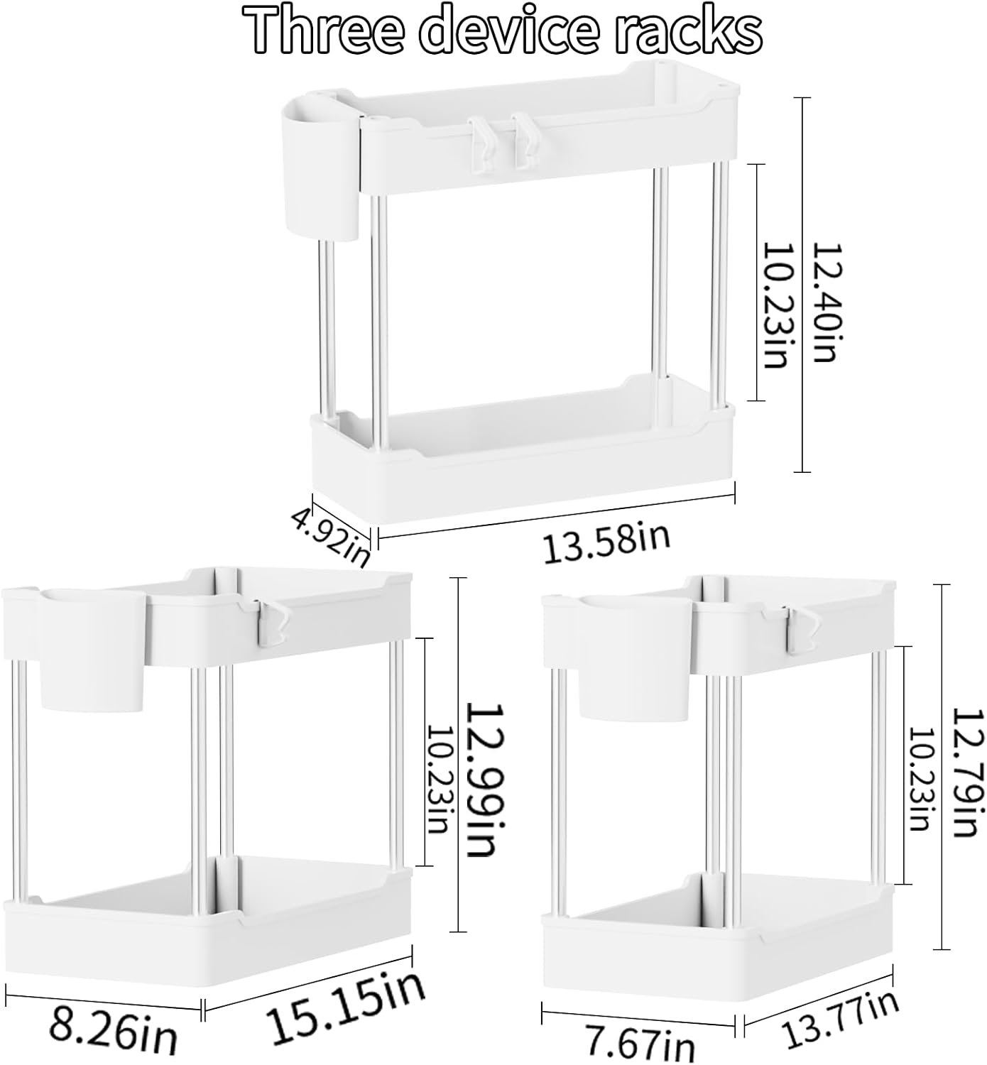 3 Pack Under Sink Organizer Bathroom and Storage Cabinet (White) | 2 Tier with Hanging Cups for Kitchen