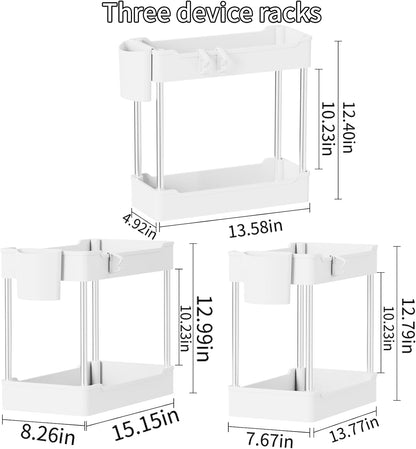 3 Pack Under Sink Organizer Bathroom and Storage Cabinet (White) | 2 Tier with Hanging Cups for Kitchen