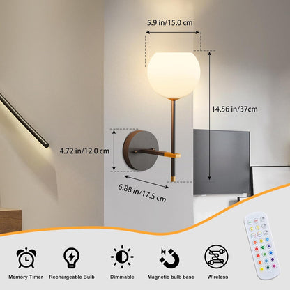 Brass Battery Operated Wall Sconces Set of 2, Rechargeable Wireless Wall Lights with Milky White Frosted Glass, 12 RGB and 3CCT Dimmable, Wall Lamps with Remote for Bedroom Living Room Hallway
