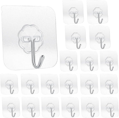 20 Pack Transparent Adhesive Hooks 33 lb(Max) 15KG Waterproof and Oilproof Reusable Seamless Hooks Heavy Duty Wall Hook for Kitchen Bathroom Office