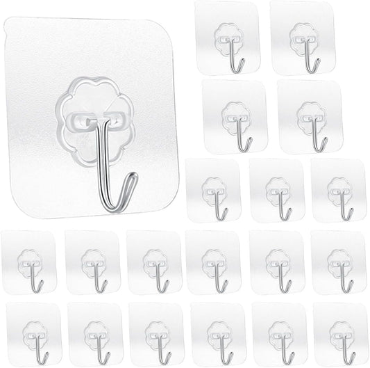 20 Pack Transparent Adhesive Hooks 33 lb(Max) 15KG Waterproof and Oilproof Reusable Seamless Hooks Heavy Duty Wall Hook for Kitchen Bathroom Office