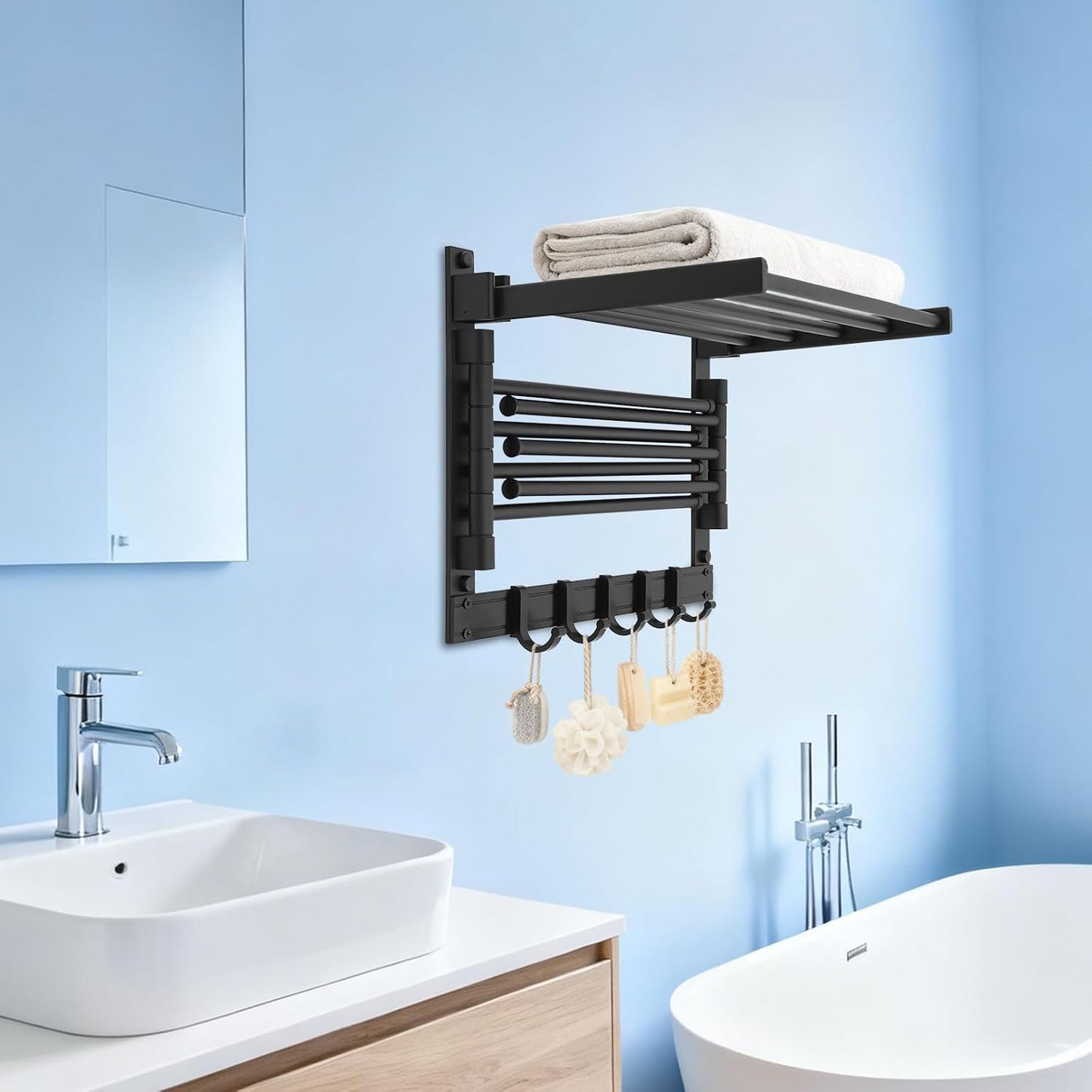Wall-Mounted Steel Clothes Drying Rack,Bathroom Towel Shelf,Swivel Towel Hanger for Laundry Room Space Saver (Black)