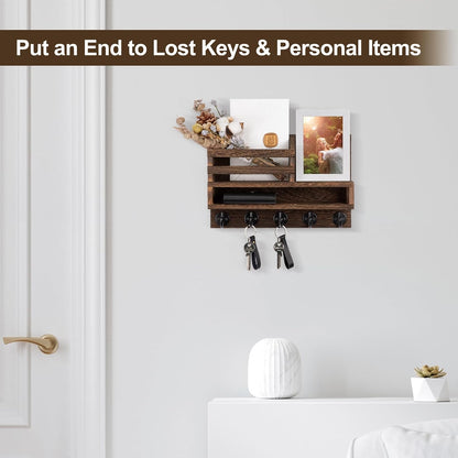Key and Mail Holder Wall Mount, Key Hanger with Long Storage Box and 5 Hooks for Coat, Dog Leash, Home Decor Rack, House Accessories, Entry Way Organizer 11.8”W x 7.8”H x 3.2”D
