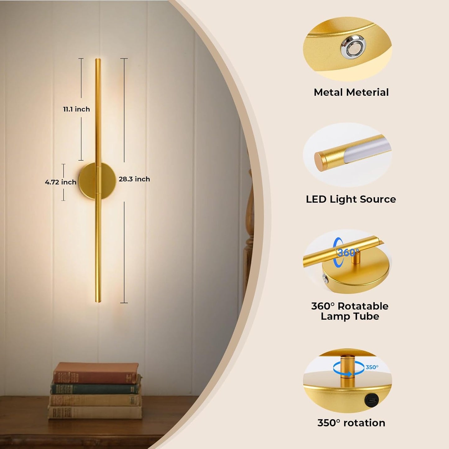 GvvooHome Battery Operated Wall Sconces Set of 2, Detachable 360°Rotate Wall Lamps, 3000-6500K Dimmable with Remote Control, 10000mAh Rechargeable Wall Light for Bedroom, Living Room, 28.3" Black Gold
